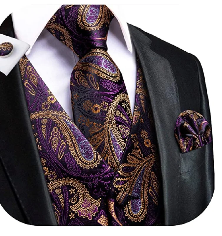 Purple Paisley Waistcoat and Necktie Pocket Square Cufflink Vest Set- MJ-0016