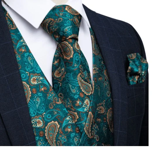 Green Peacock 4 PC Paisley Waistcoat and Necktie Pocket Square Cufflink Vest Set- MJ-0125