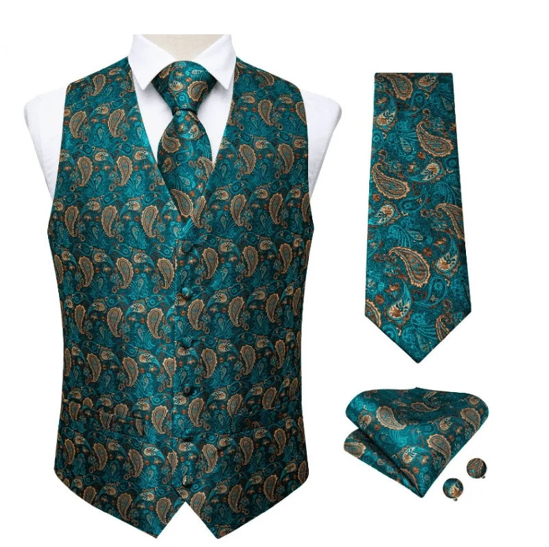 Green Peacock 4 PC Paisley Waistcoat and Necktie Pocket Square Cufflink Vest Set- MJ-0125