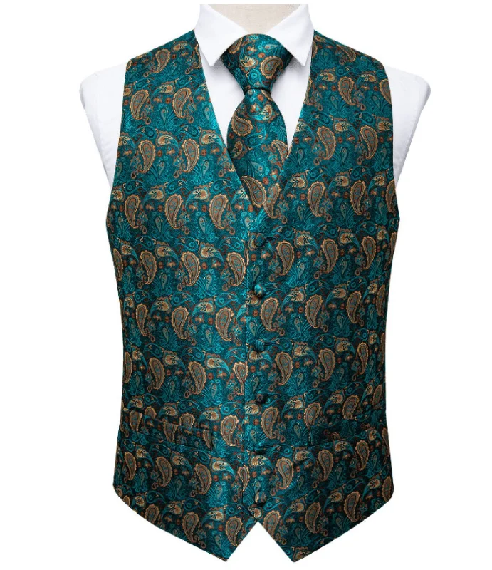 Green Peacock 4 PC Paisley Waistcoat and Necktie Pocket Square Cufflink Vest Set- MJ-0125