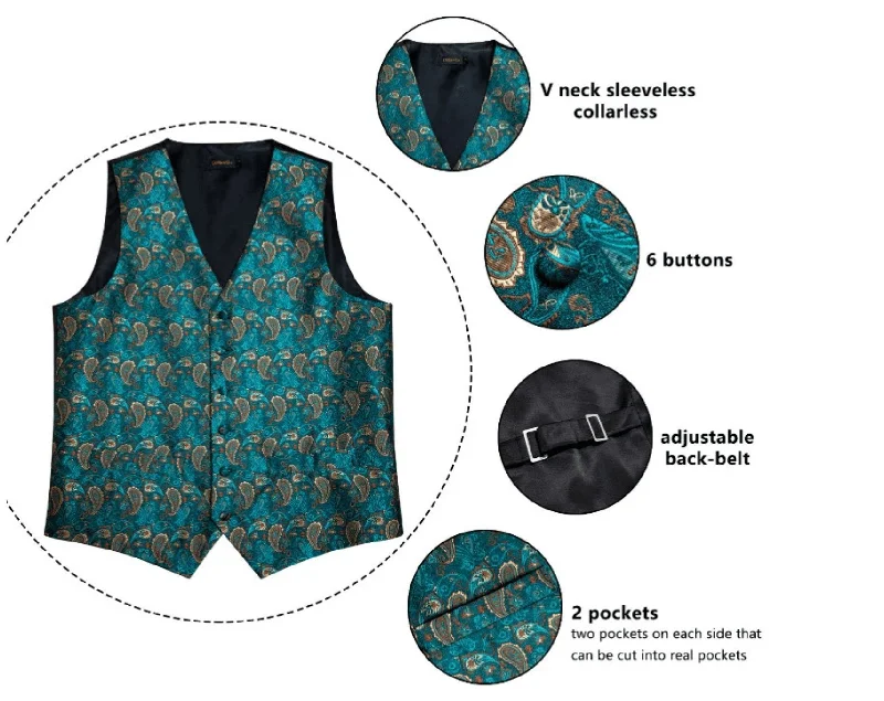 Green Peacock 4 PC Paisley Waistcoat and Necktie Pocket Square Cufflink Vest Set- MJ-0125