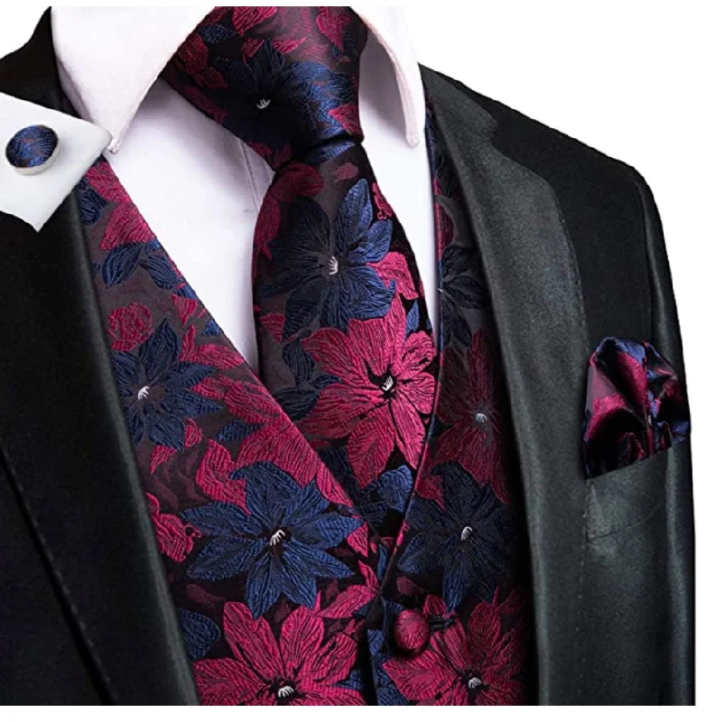 Blue/Red Floral Waistcoat Vest Necktie Pocket Square Cufflinks Set-MJ-0022