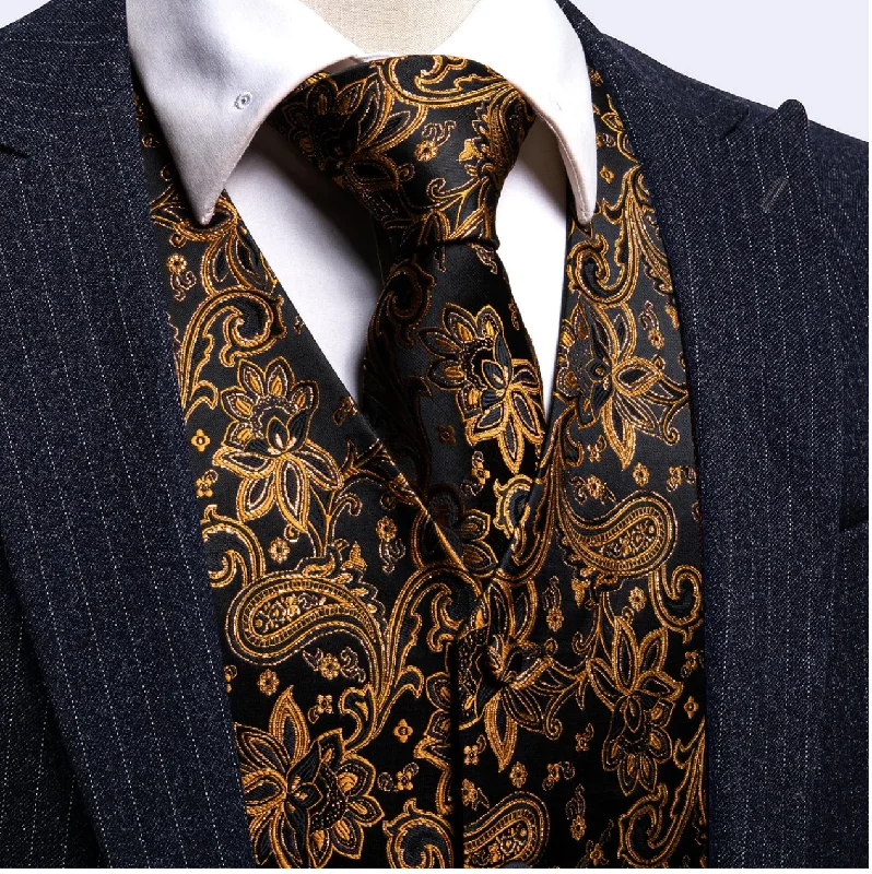 BLACK BROWN  JACQUARD SILK WAISTCOAT VEST HANDKERCHIEF CUFFLINKS TIE VEST  SET- MJ-2078