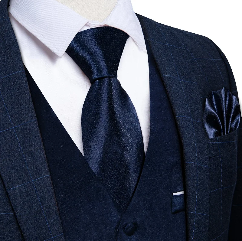 Dark Blue Solid Satin Waistcoat Vest Tie Handkerchief Cufflinks Set-MJ-0638