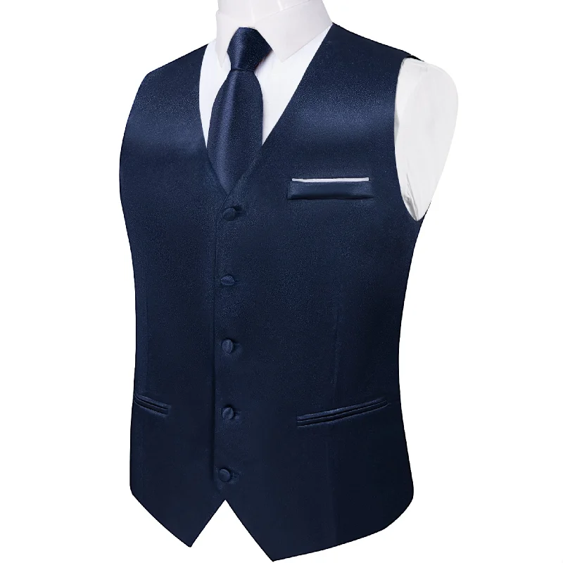 Dark Blue Solid Satin Waistcoat Vest Tie Handkerchief Cufflinks Set-MJ-0638