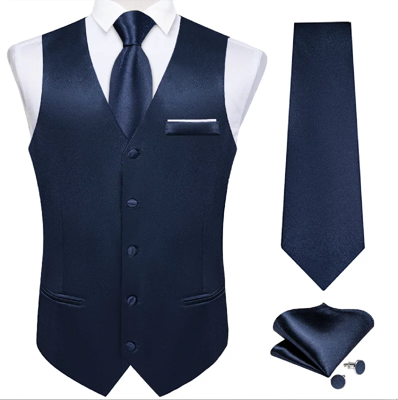 Dark Blue Solid Satin Waistcoat Vest Tie Handkerchief Cufflinks Set-MJ-0638