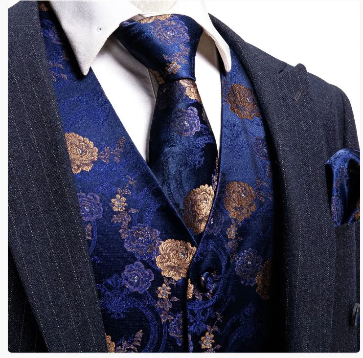 Shining Blue Gold Flower Silk  Vest Tie Pocket Square Cufflinks Set-MJ-2571