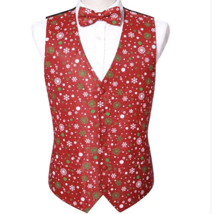 RED CHRISTMAS SILK WAISTCOAT VEST BOWTIE VEST SUIT SET-2054