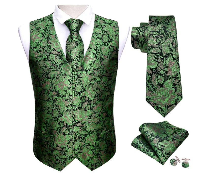 Green Brocade 4 PC Paisley Waistcoat and Necktie Pocket Square Cufflink Vest  Set- MJ-2040