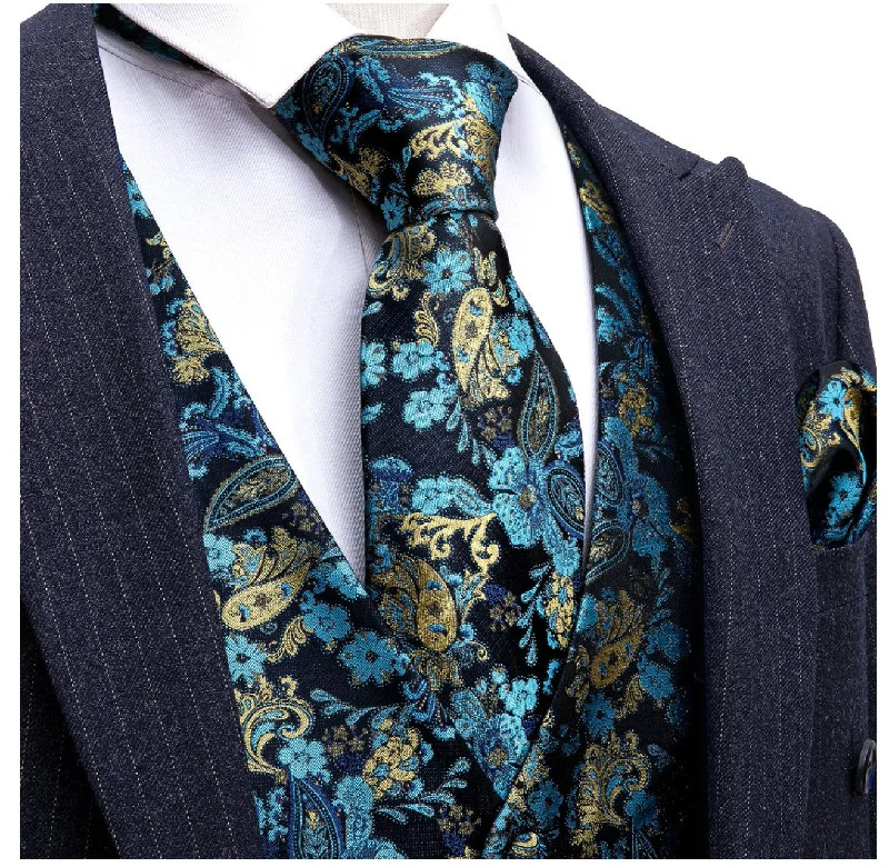 Men's Blue Gold Paisley Silk Vest Necktie Pocket square Cufflinks.MJ-2036