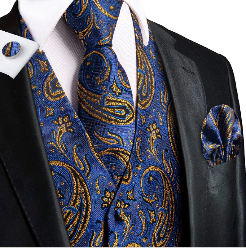 Luxury Royal Blue Golden Paisley Silk Men's Vest Hanky Cufflinks Tie Set Waistcoat Suit Set- MJ-3032