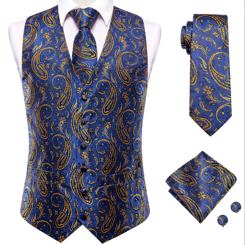 Luxury Royal Blue Golden Paisley Silk Men's Vest Hanky Cufflinks Tie Set Waistcoat Suit Set- MJ-3032