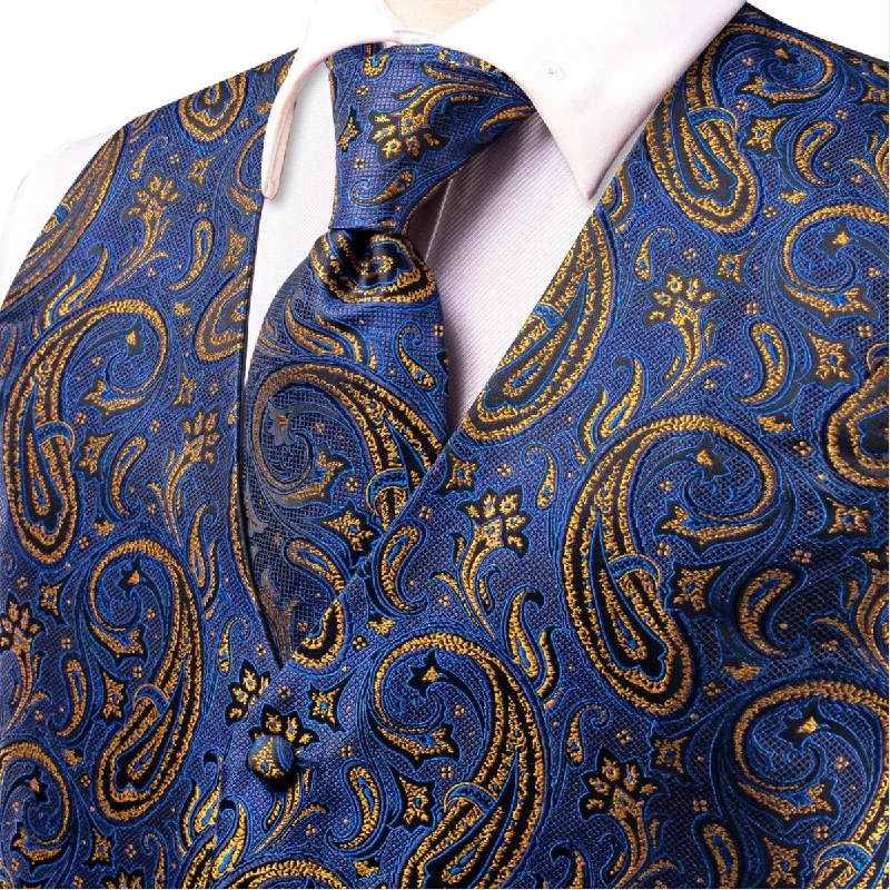 Luxury Royal Blue Golden Paisley Silk Men's Vest Hanky Cufflinks Tie Set Waistcoat Suit Set- MJ-3032