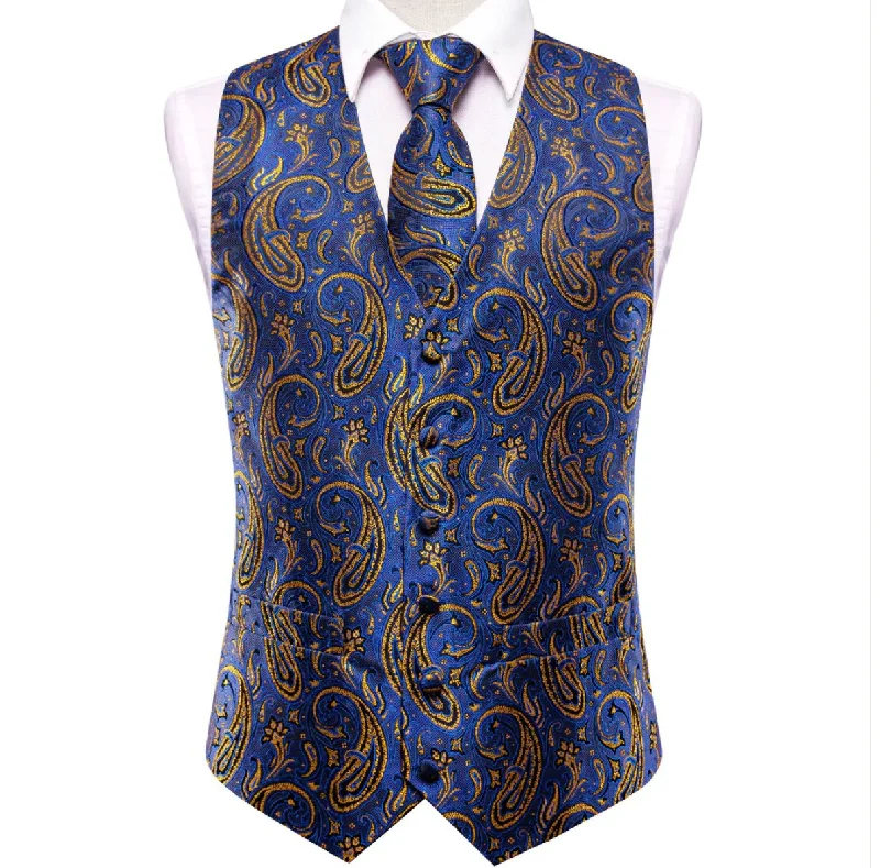 Luxury Royal Blue Golden Paisley Silk Men's Vest Hanky Cufflinks Tie Set Waistcoat Suit Set- MJ-3032