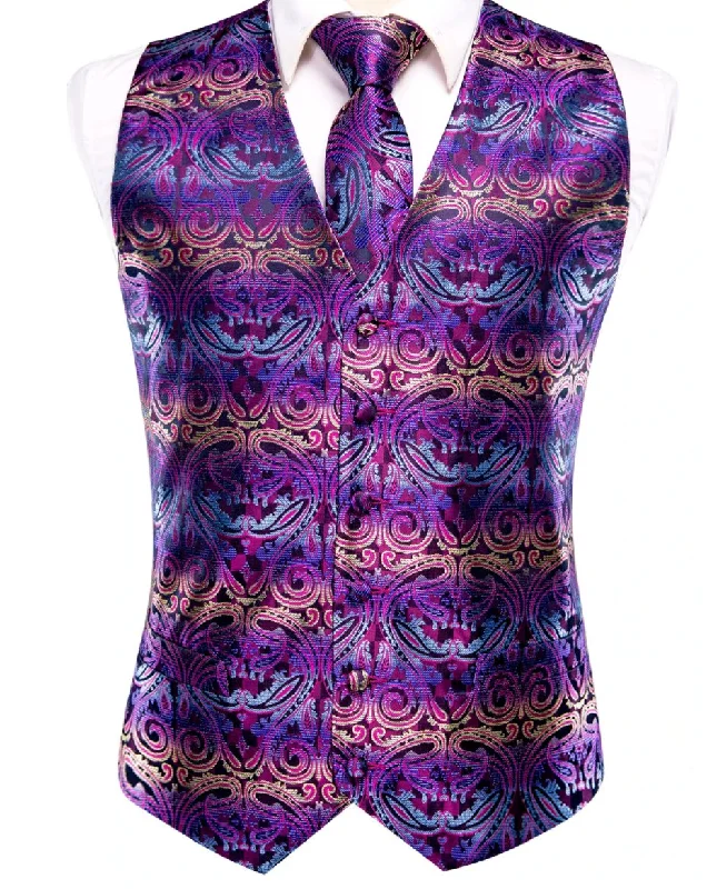 Purple  Paisley  Novelty Silk Waistcoat and Necktie Pocket Square Cufflink Vest  Set-MJ-0027