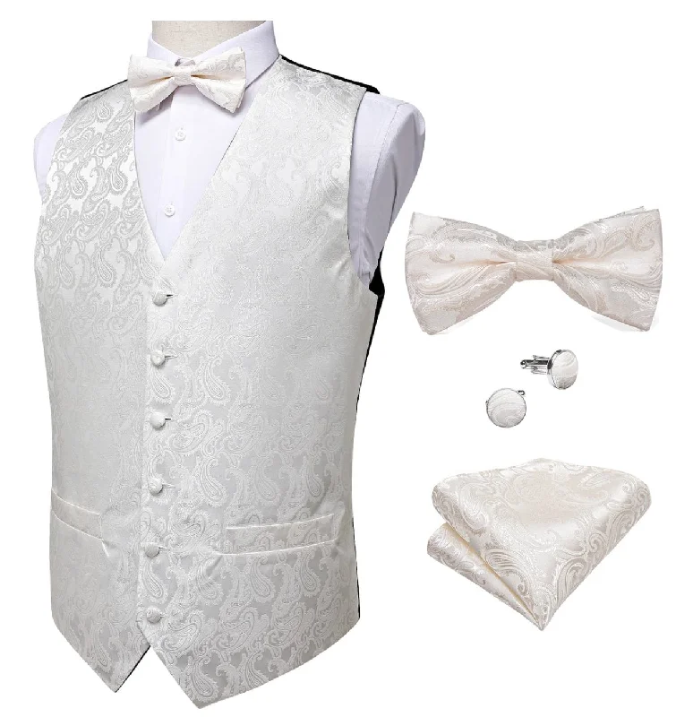 White Paisley Jacquard Silk Men's 4pc Waistcoat Vest Necktie Pocket Square Cufflinks Set