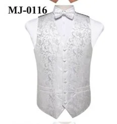 White Paisley Jacquard Silk Men's 4pc Waistcoat Vest Necktie Pocket Square Cufflinks Set