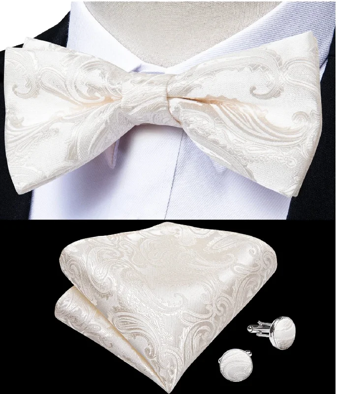 White Paisley Jacquard Silk Men's 4pc Waistcoat Vest Necktie Pocket Square Cufflinks Set