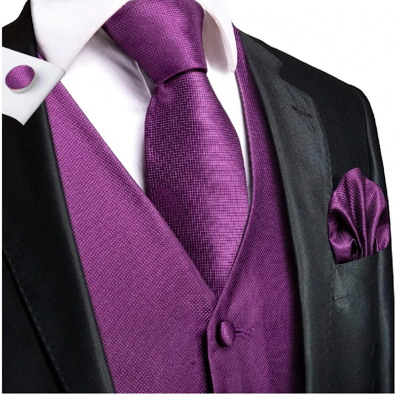 Plum Purple Plaid Silk  Paisley   Men's 4pc Waistcoat Vest Necktie Pocket Square Cufflinks Set-MJ-2031