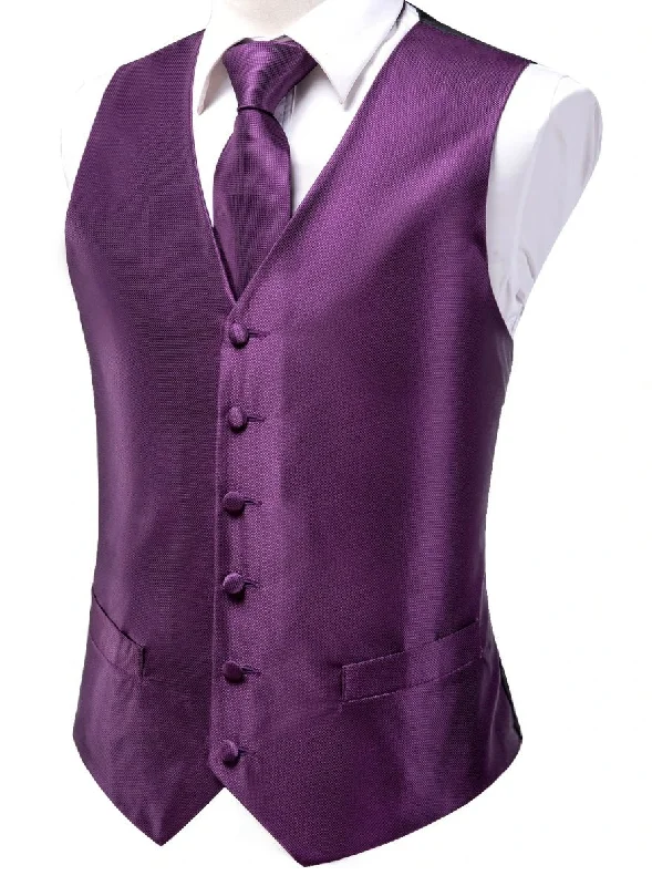 Plum Purple Plaid Silk  Paisley   Men's 4pc Waistcoat Vest Necktie Pocket Square Cufflinks Set-MJ-2031