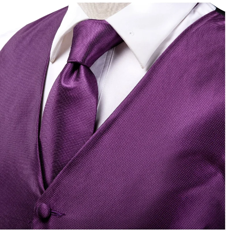 Plum Purple Plaid Silk  Paisley   Men's 4pc Waistcoat Vest Necktie Pocket Square Cufflinks Set-MJ-2031