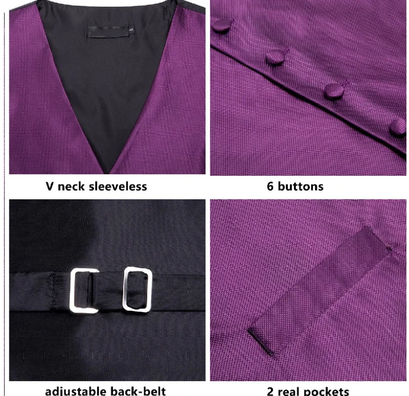 Plum Purple Plaid Silk  Paisley   Men's 4pc Waistcoat Vest Necktie Pocket Square Cufflinks Set-MJ-2031