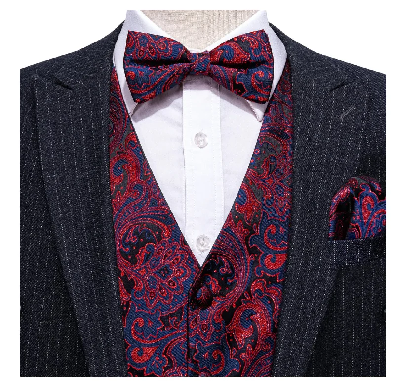 Fashion Men's Red Blue Paisley Silk Vest Bowtie Pocket square Cufflinks-MJ-2504