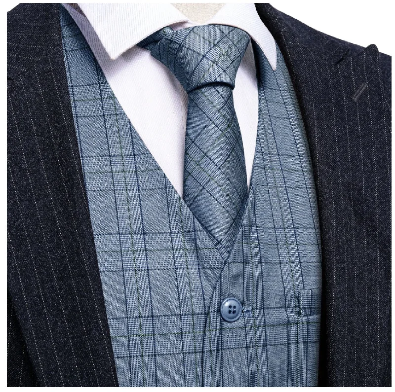 Classy Blue Black Plaid Vest Necktie Set MJ-2333