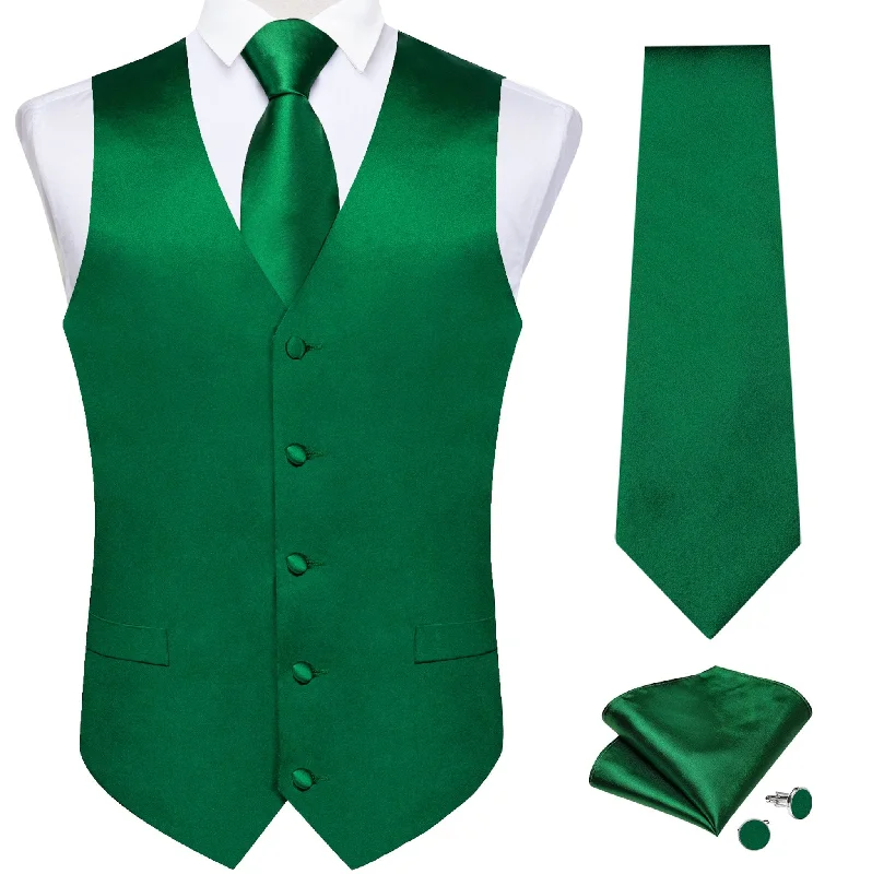 GREEN  SOLID SATIN WAISTCOAT VEST TIE HANDKERCHIEF CUFFLINKS SET- MD-0316