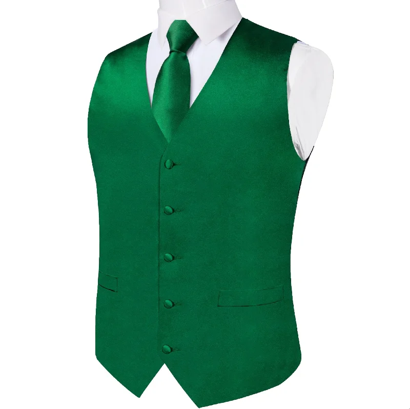 GREEN  SOLID SATIN WAISTCOAT VEST TIE HANDKERCHIEF CUFFLINKS SET- MD-0316