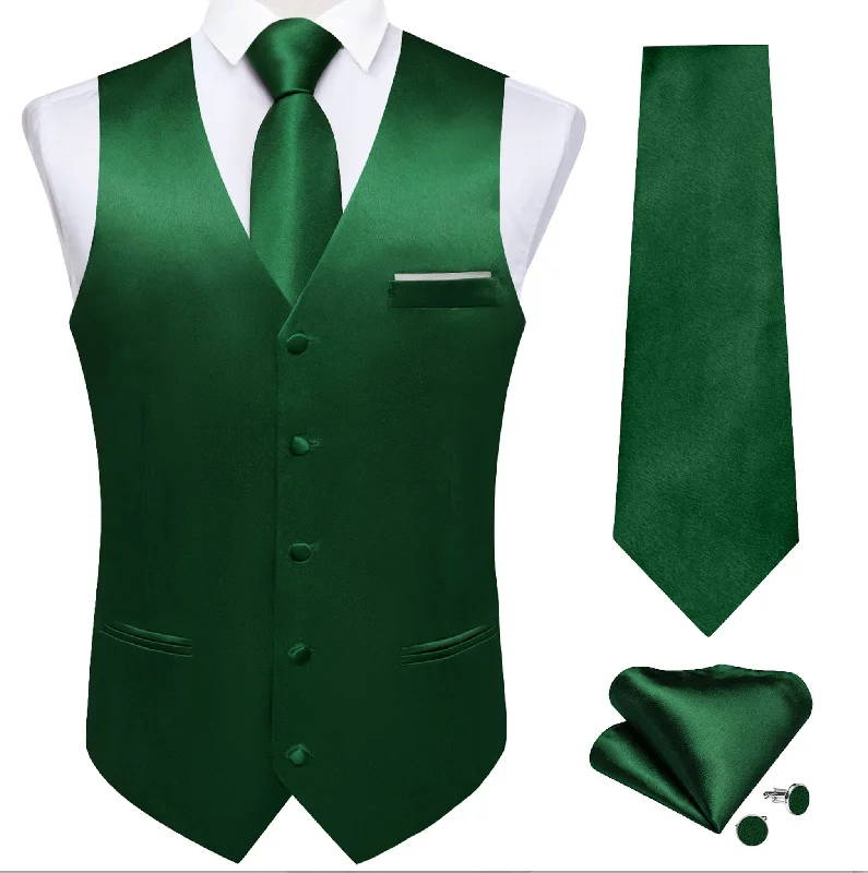 Green Solid Satin Waistcoat Vest Tie Handkerchief Cufflinks Set- MJ-0639