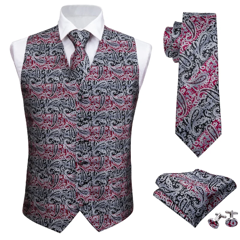 Grey Red Paisley Silk Men's Vest Hanky Cufflinks Tie Set Waistcoat Suit Set- MJ-2005