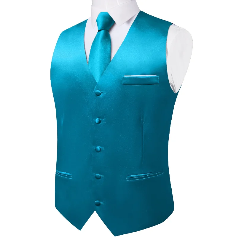 Light Blue Solid Satin Waistcoat Vest Tie Handkerchief Cufflinks Set-MJ-0635