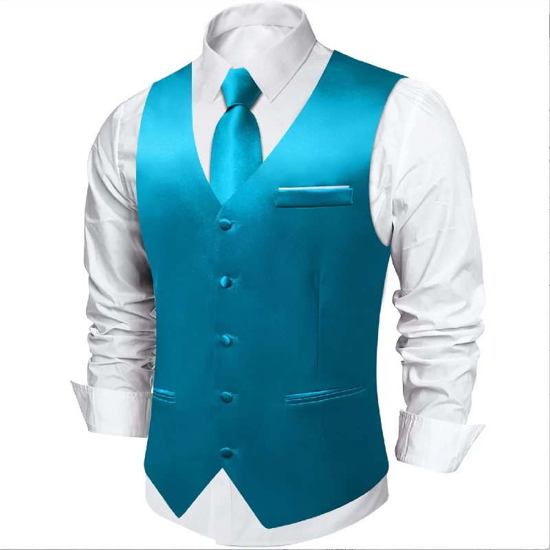 Light Blue Solid Satin Waistcoat Vest Tie Handkerchief Cufflinks Set-MJ-0635