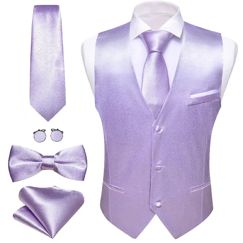 Luxury Light Purple Solid Silk Necktie Bowtie Hanky Cufflinks Waistcoat Vest Set- MJ-2671