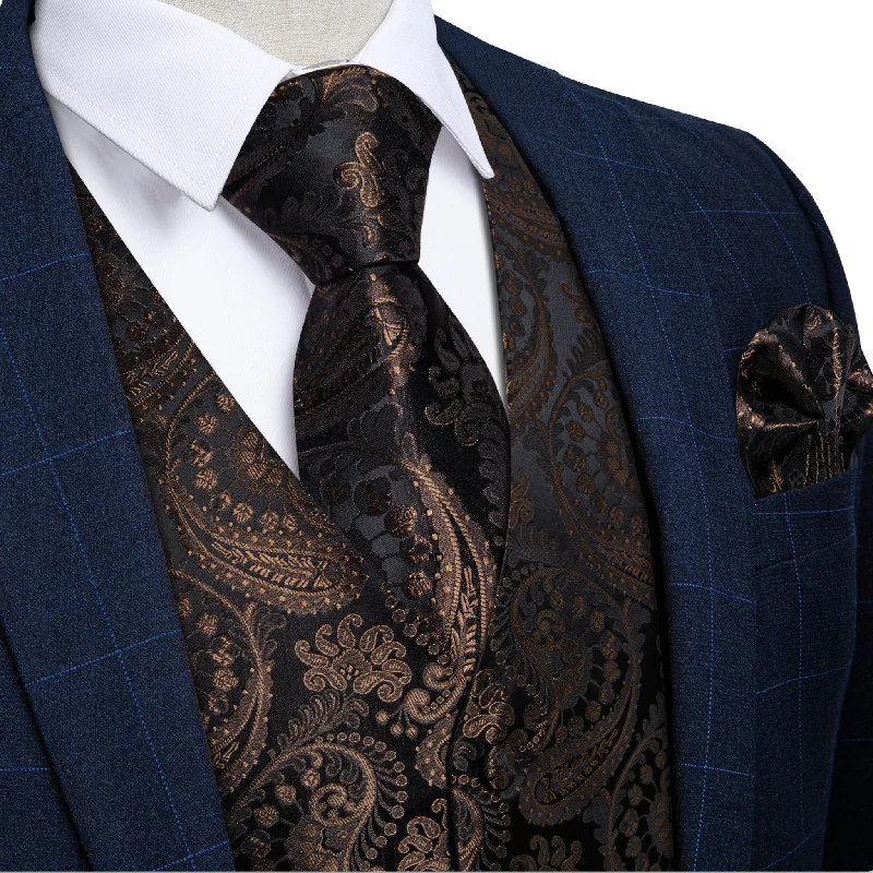 Luxury Brown Black Paisley Silk Men's Vest Hanky Cufflinks Tie Set Waistcoat Suit Set-MJ-0609