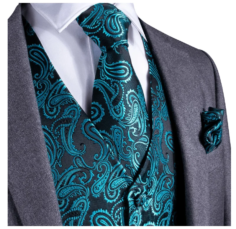 Men's Classic Blue Green Paisley Jacquard Silk Waistcoast Vest Handkerchief Cufflinks Tie Vest Set- Mj-0107