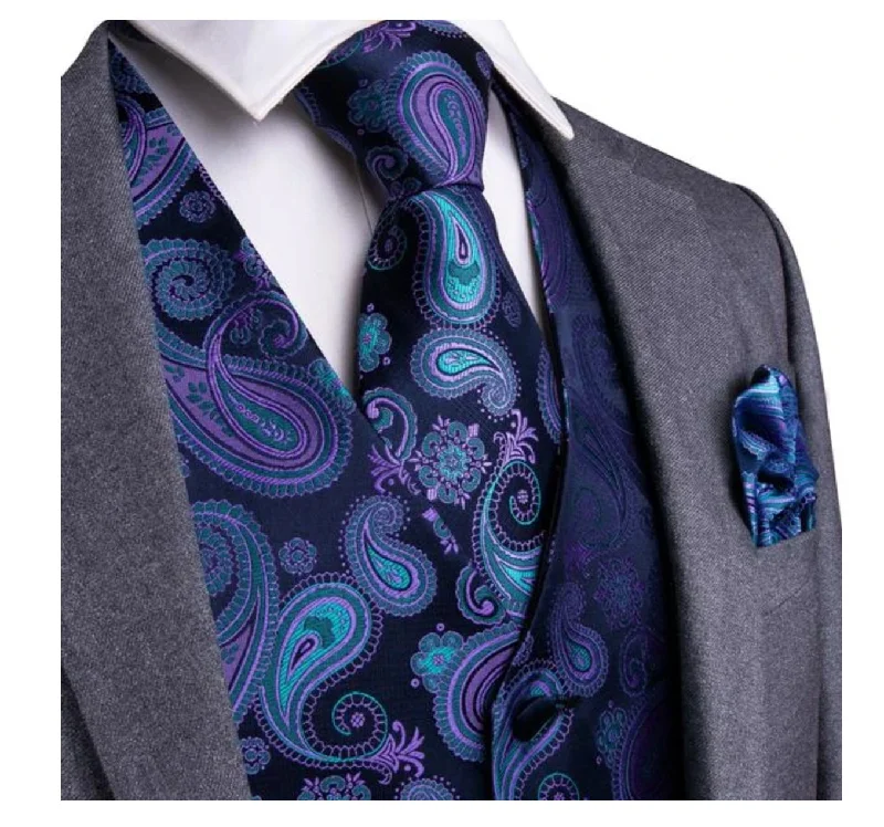 MEN'S CLASSIC BLUE PAISLEY JACQUARD SILK WAISTCOAT VEST HANDKERCHIEF CUFFLINKS TIE VEST  SET-MJ-0104