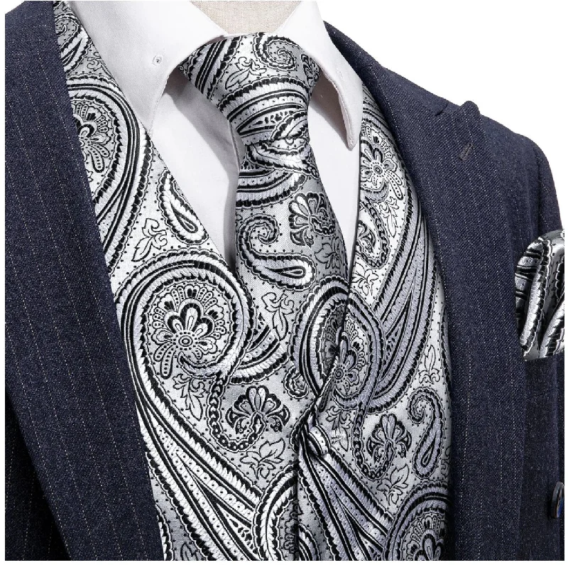 Men's Silver Black Paisley Silk Vest Necktie Pocket square Cufflinks-MJ-2090