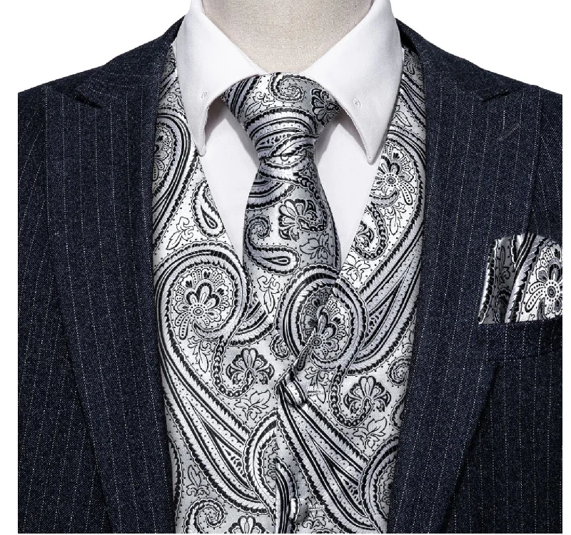 Men's Silver Black Paisley Silk Vest Necktie Pocket square Cufflinks-MJ-2090