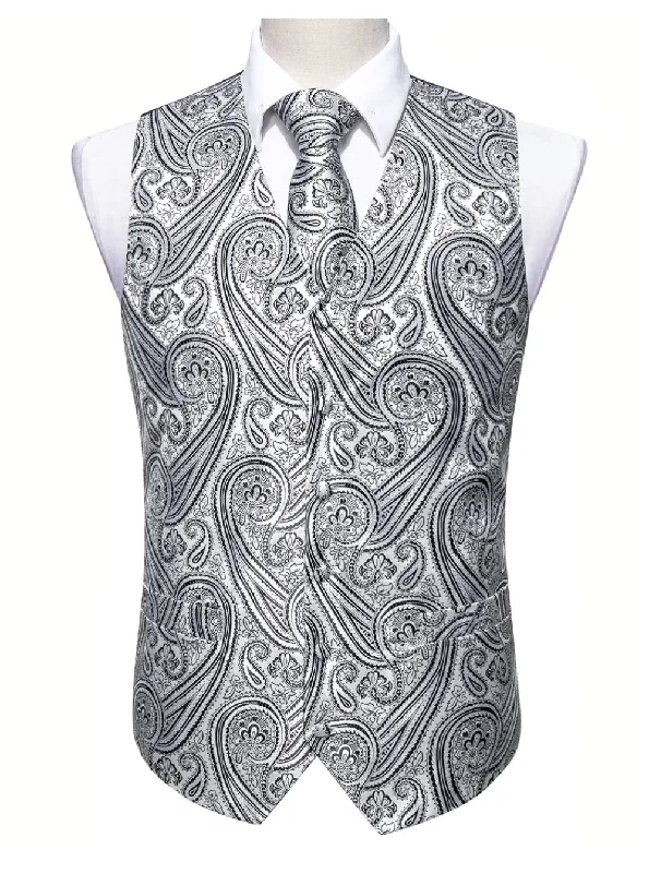 Men's Silver Black Paisley Silk Vest Necktie Pocket square Cufflinks-MJ-2090