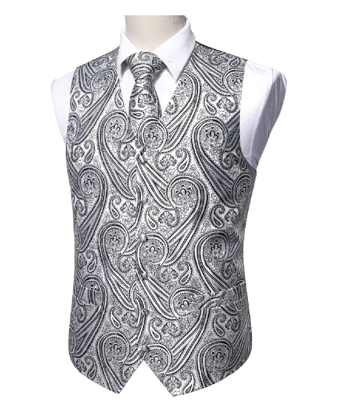 Men's Silver Black Paisley Silk Vest Necktie Pocket square Cufflinks-MJ-2090