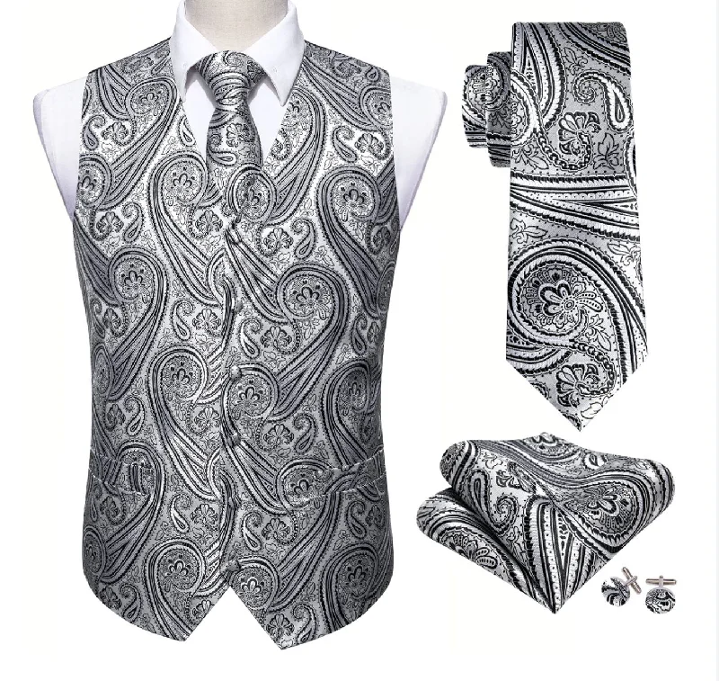 Men's Silver Black Paisley Silk Vest Necktie Pocket square Cufflinks-MJ-2090