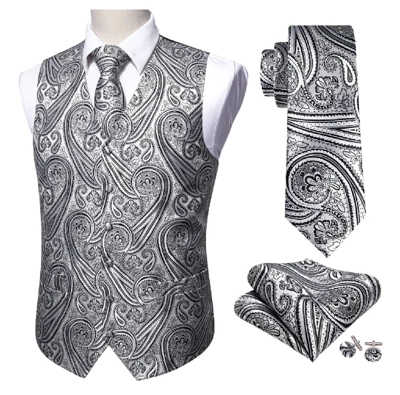 Men's Silver Black Paisley Silk Vest Necktie Pocket square Cufflinks-MJ-2090