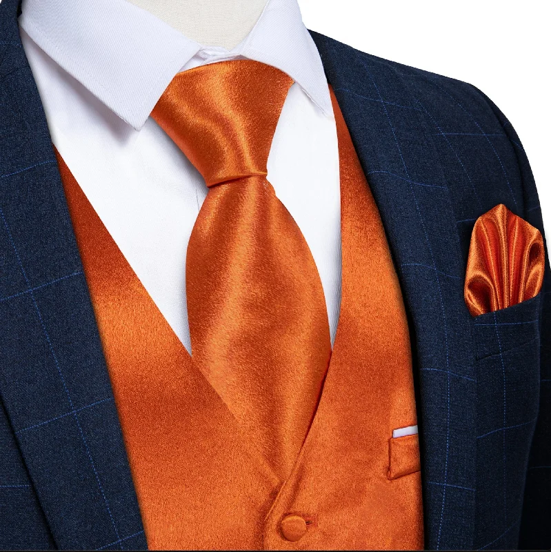 Orange Solid Satin Waistcoat Vest Tie Handkerchief Cufflinks Set- MJ-0629