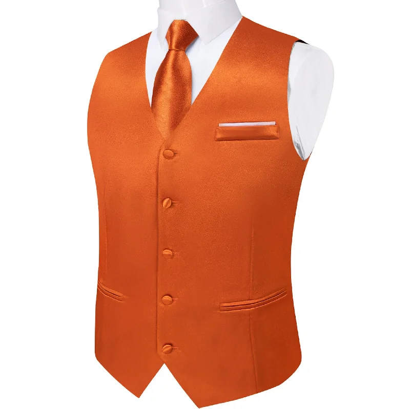 Orange Solid Satin Waistcoat Vest Tie Handkerchief Cufflinks Set- MJ-0629