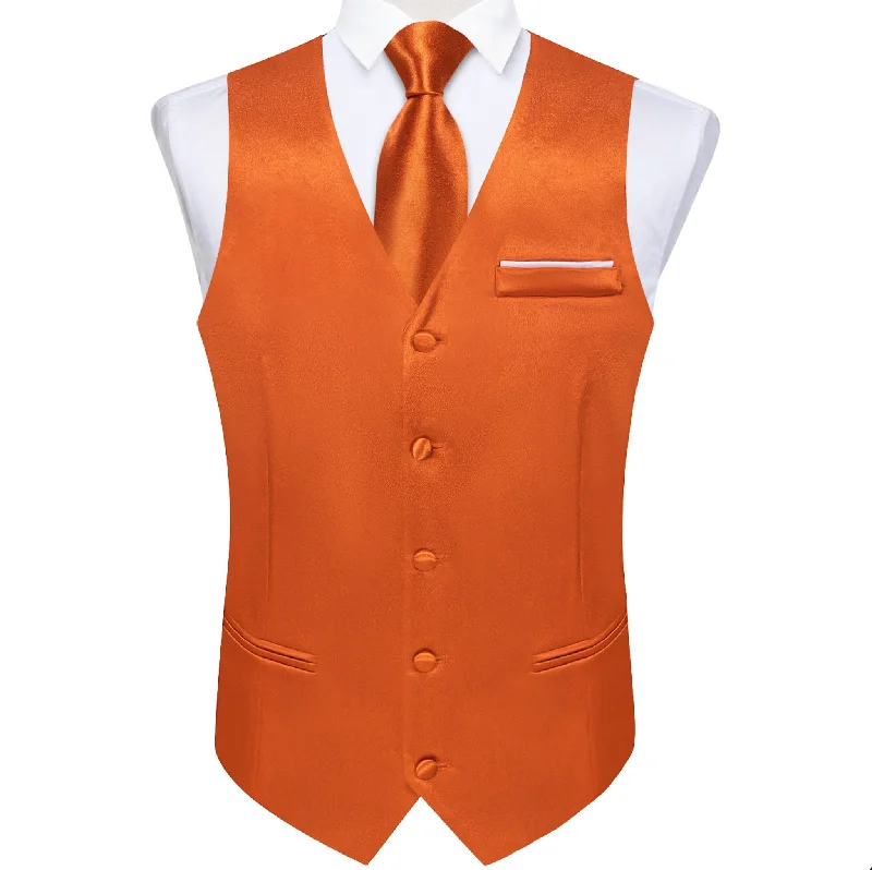 Orange Solid Satin Waistcoat Vest Tie Handkerchief Cufflinks Set- MJ-0629