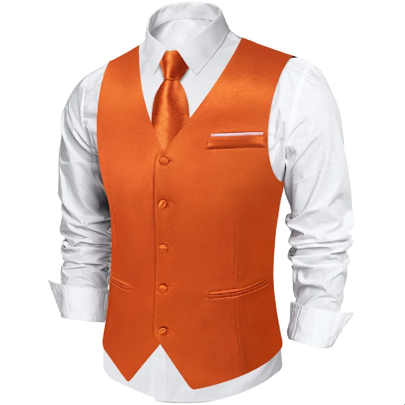 Orange Solid Satin Waistcoat Vest Tie Handkerchief Cufflinks Set- MJ-0629