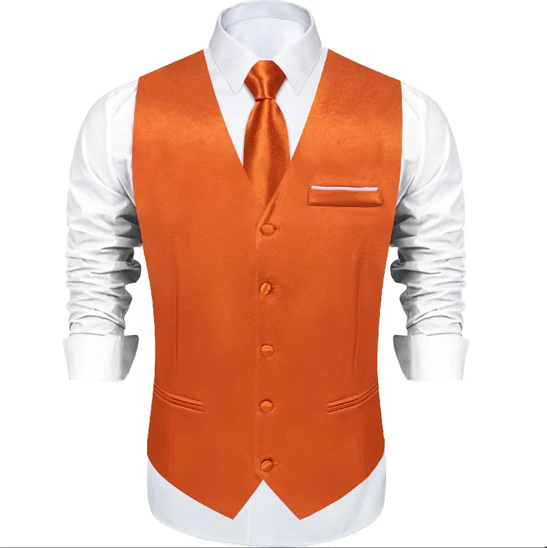 Orange Solid Satin Waistcoat Vest Tie Handkerchief Cufflinks Set- MJ-0629