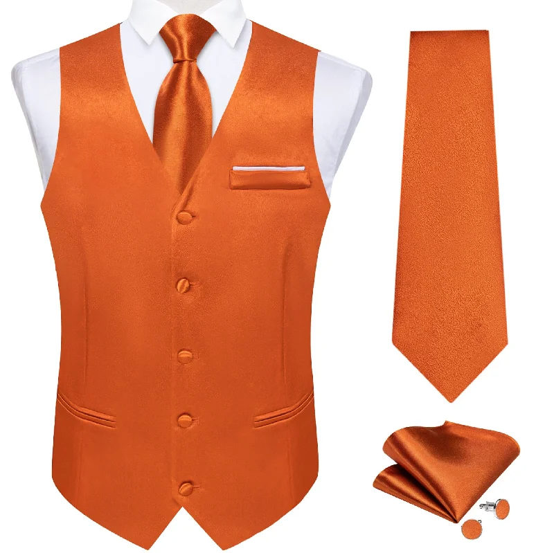 Orange Solid Satin Waistcoat Vest Tie Handkerchief Cufflinks Set- MJ-0629